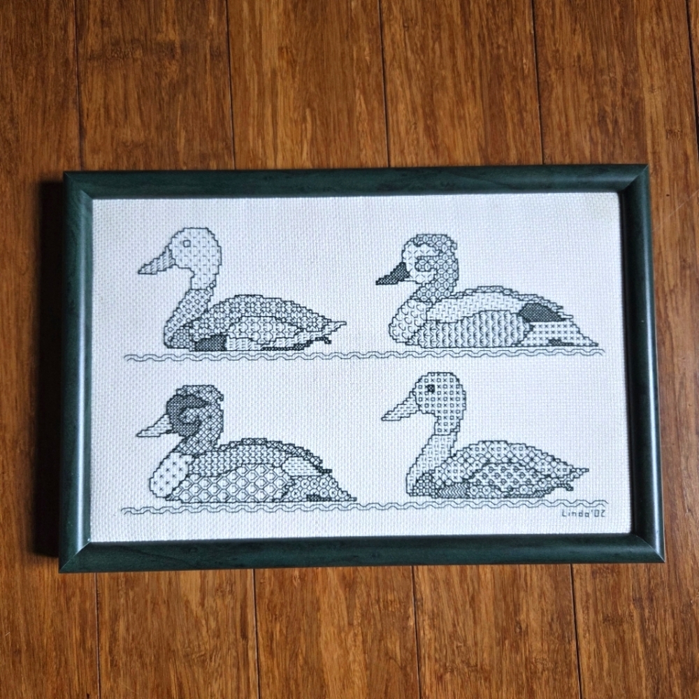 Handmade Framed Mallard Duck Needlepoint Cross-Stitch Art Green 2002
